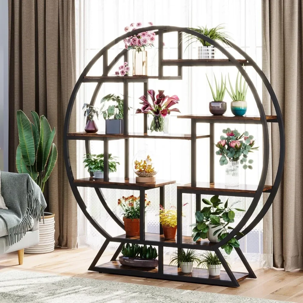 kf-S347532de353041f09139ae349533e2e3u.webp Indoor Plant Stand, 63 Inch Round Plant Shelf Holder, Multipurpose Flower Pot Stands with 8 Shelves, Metal and Wood Bonsai - Image 1