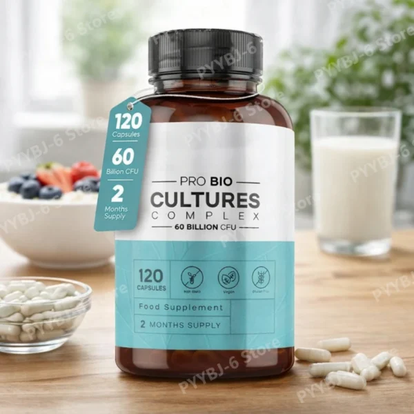Probiotic Complex 60 Billion CFU with Prebiotics Multi Strain Pro Bio Cultures Vegan Capsules Daily Nutritional Supplement