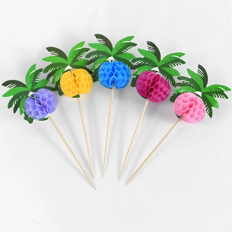 kf-S166ce4c0a9ec4d0fb34ac27ec1bc783eJ.webp 30/50pcs Hawaiian Luau Cocktail Picks Coconut Palm Tree Food Stick Cupcake Topper Tropical Summer Birthday Party Decor Supplies - Image 1