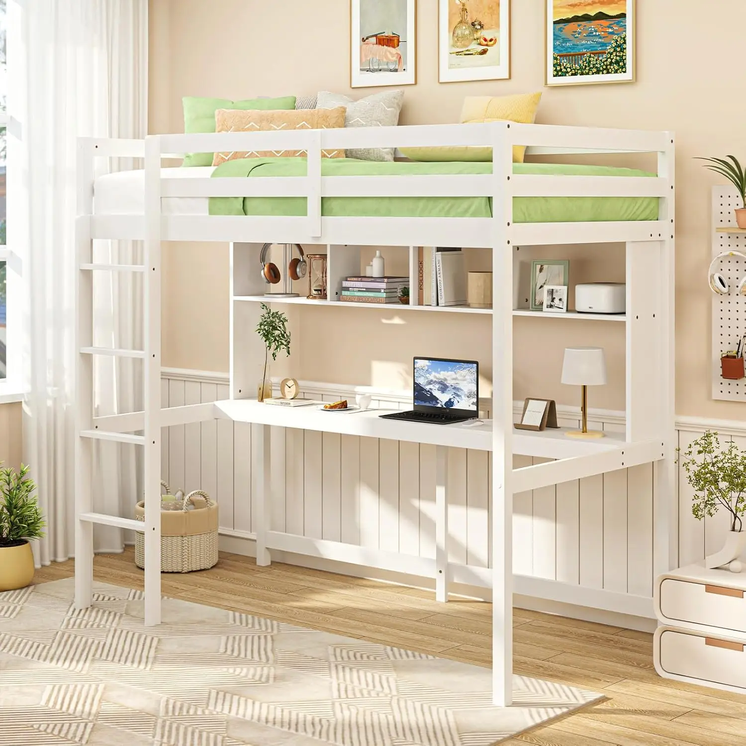 kf-S1f493af3121745c48be162a771987f71a.webp Twin Loft Bed with Desk & Bookcase, Solid Wood Loft Bed Frame w/Safety Guardrails & Ladder, Space-Saving Twin Size Bed Frame wit - Image 1