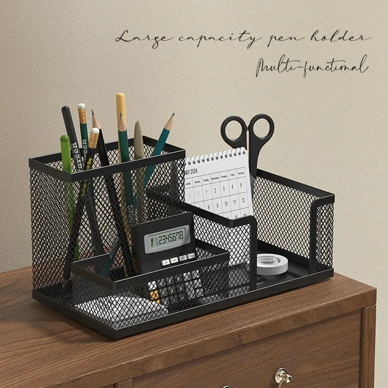 kf-S21c8909ede8d4df89e3ea5039611f918Q.webp Black Mesh Desk Organizer - 3-Tier Storage with Pencil Holder & Baskets,Office Supplies Organizer for Desktop, Home & School Use - Image 1