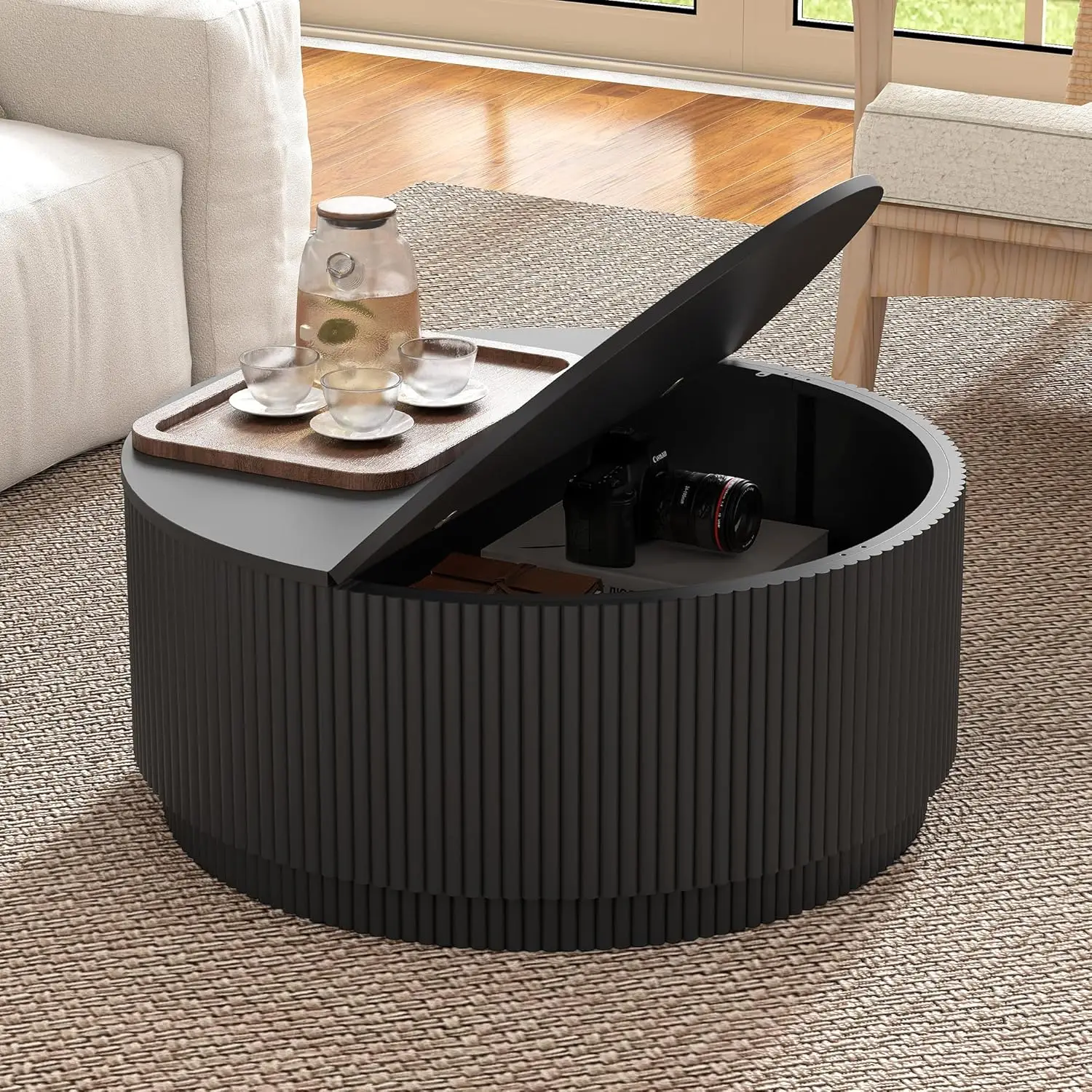 kf-S313294e941d2462495ef5aae1c4d316cK.webp 31.5" Round Coffee Table with Storage, Modern Accent Coffee Tables with Fluted Base, Wooden Circle Center Table for, Customized - Image 1