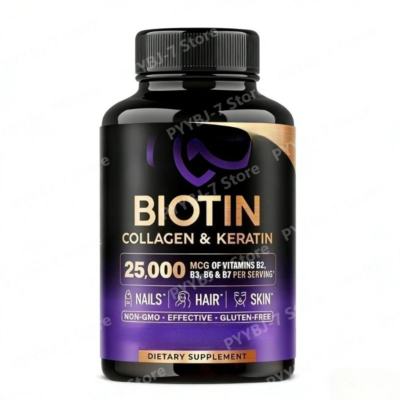 kf-S58d8b749ea7143219f4b83f551bfb146T.webp Biotin Collagen Hyaluronic Acid Keratin Supplement Hair Growth Support Skin Nails Vitamins B2 B3 B6 B7 B1 Women Men 60 Capsules - Image 1