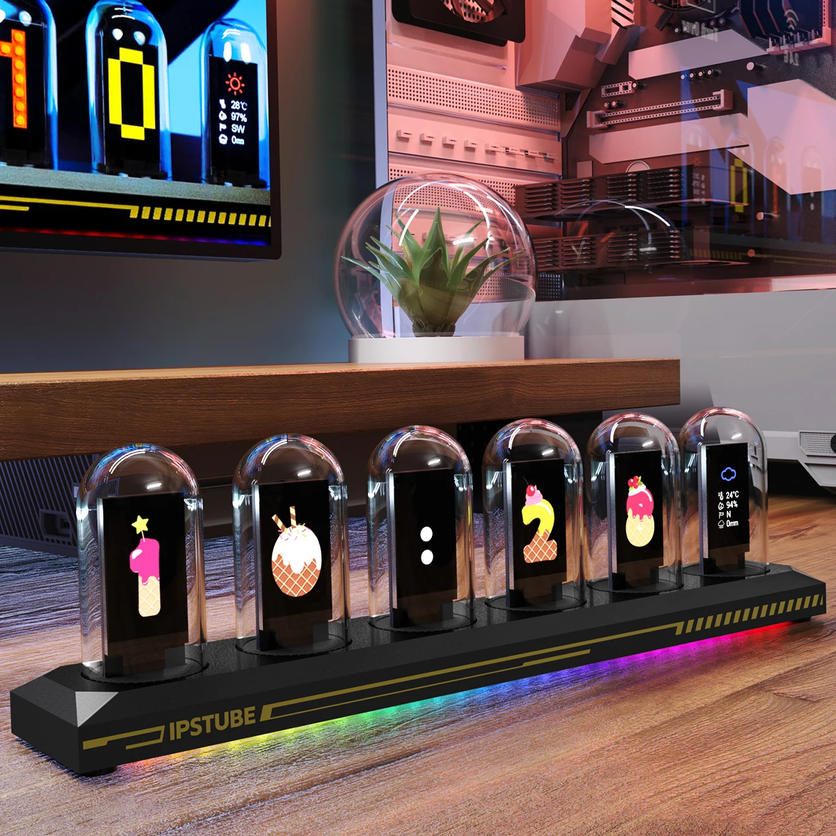 kf-S5c82e2d2523047ac9f2973e6c9b87abfm.webp USB Powered RGB Nixie Tube Clock with IPS Color Screen, Corded Electric Aluminum Oval Alarm Clock with Charging Port, Metal Fram - Image 1