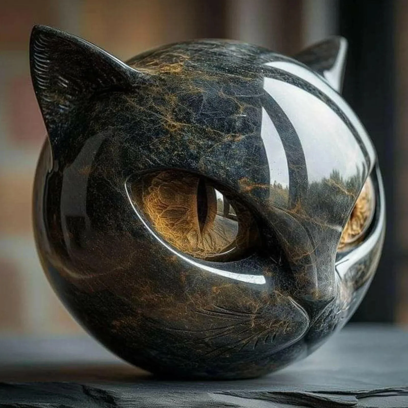 kf-S604d0b3d00e54befb3e725d5deca34b8u.webp Cat Stone Keepsake Gift Office Desk Cats Decor Decorative Black Cat Stone Figurine Resin Cat Head Healing Stone Marble Texture - Image 1