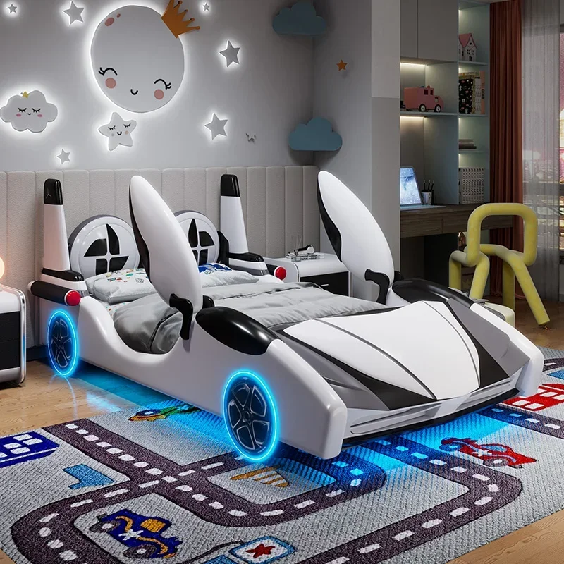 kf-S65ae502f92fc4201966fee9d75b9e0c2X.webp Doors can be opened children car bed colored lights wheels Bluetooth sound system kids bed boy base frame bedroom furniture - Image 1