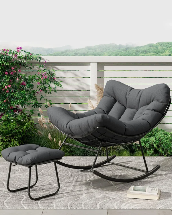 Oversized Papasan Rocking Chair With Ottoman, Outdoor Lounge Egg Rocker For Porch Balcony Backyard, Heavy Duty 450lb Capacity