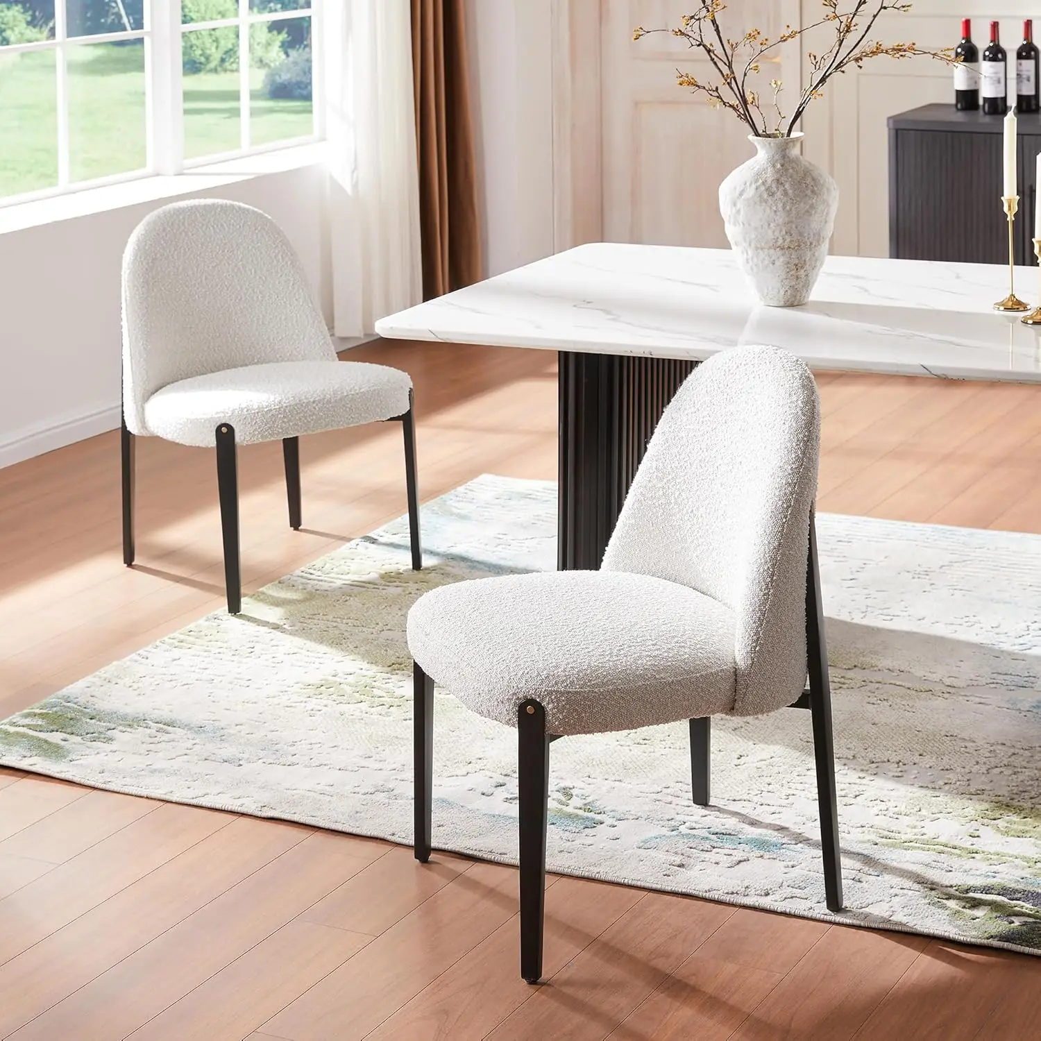 kf-S6cf242f0cad046a582f9de01a1fd8b08t.webp Boucle Dining Chairs Set of 2, Thick Upholstered Chairs with Metal Legs & Curved Backrest, Post Modern Minimalist, Customized - Image 1
