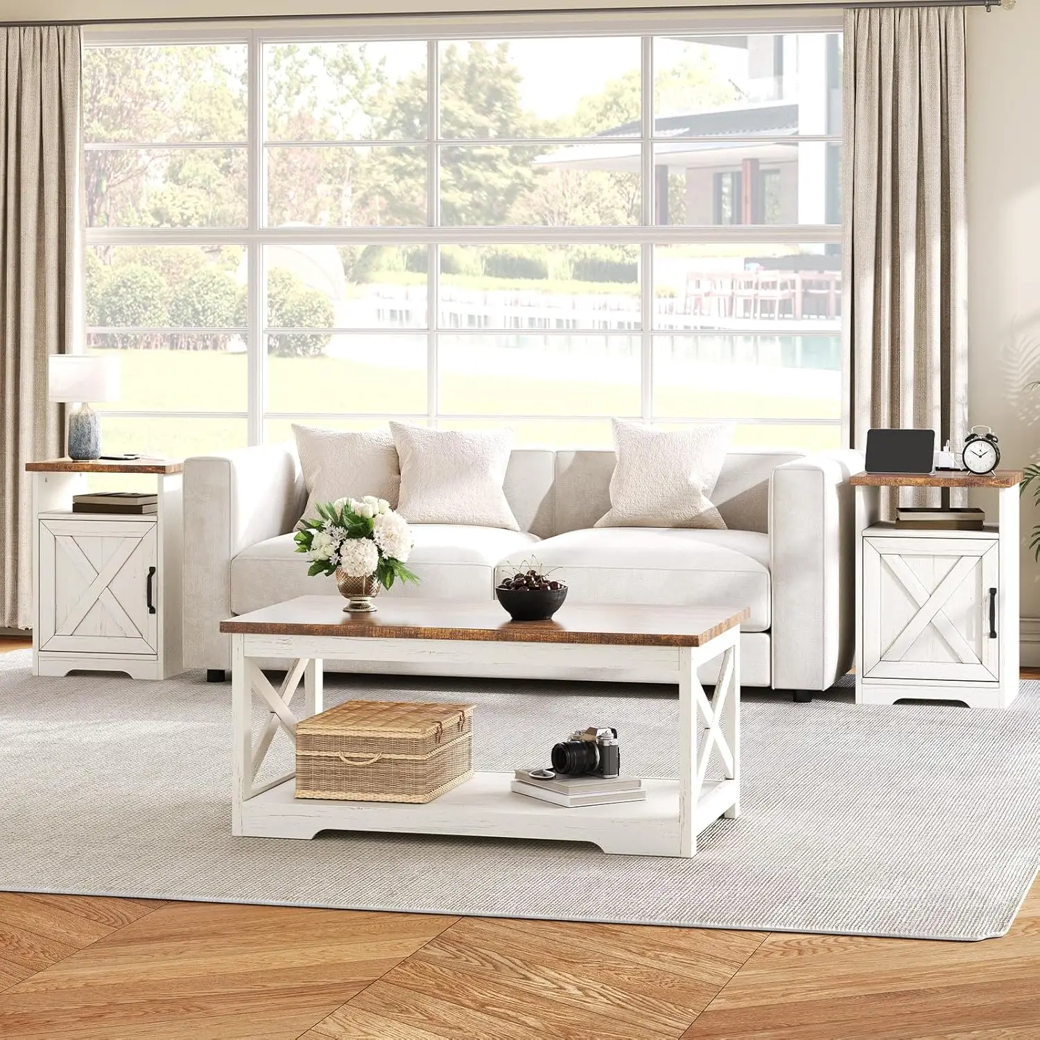 kf-S7b60fe0f46ad4778b56b458102dbd3e9w.webp 3-Piece Farmhouse Living Room Table Set with Coffee Table & 2 End Tables, Charging Station & USB Ports, Distressed, Customized - Image 1