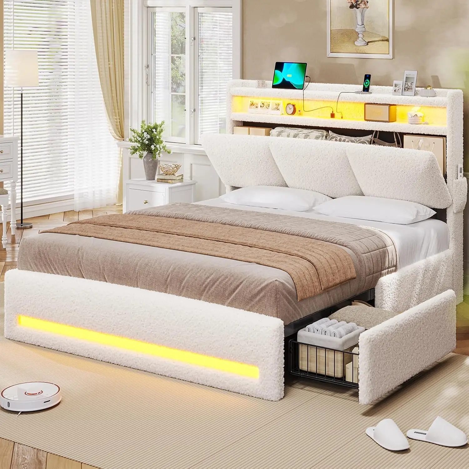 kf-Sc75724519078474fa5851ad8ec98e7a9A.webp Full Size Bed Frame with Storage Headboard And Charging Station Boucle Upholstered Bed Customized with 4 ,Customized - Image 1