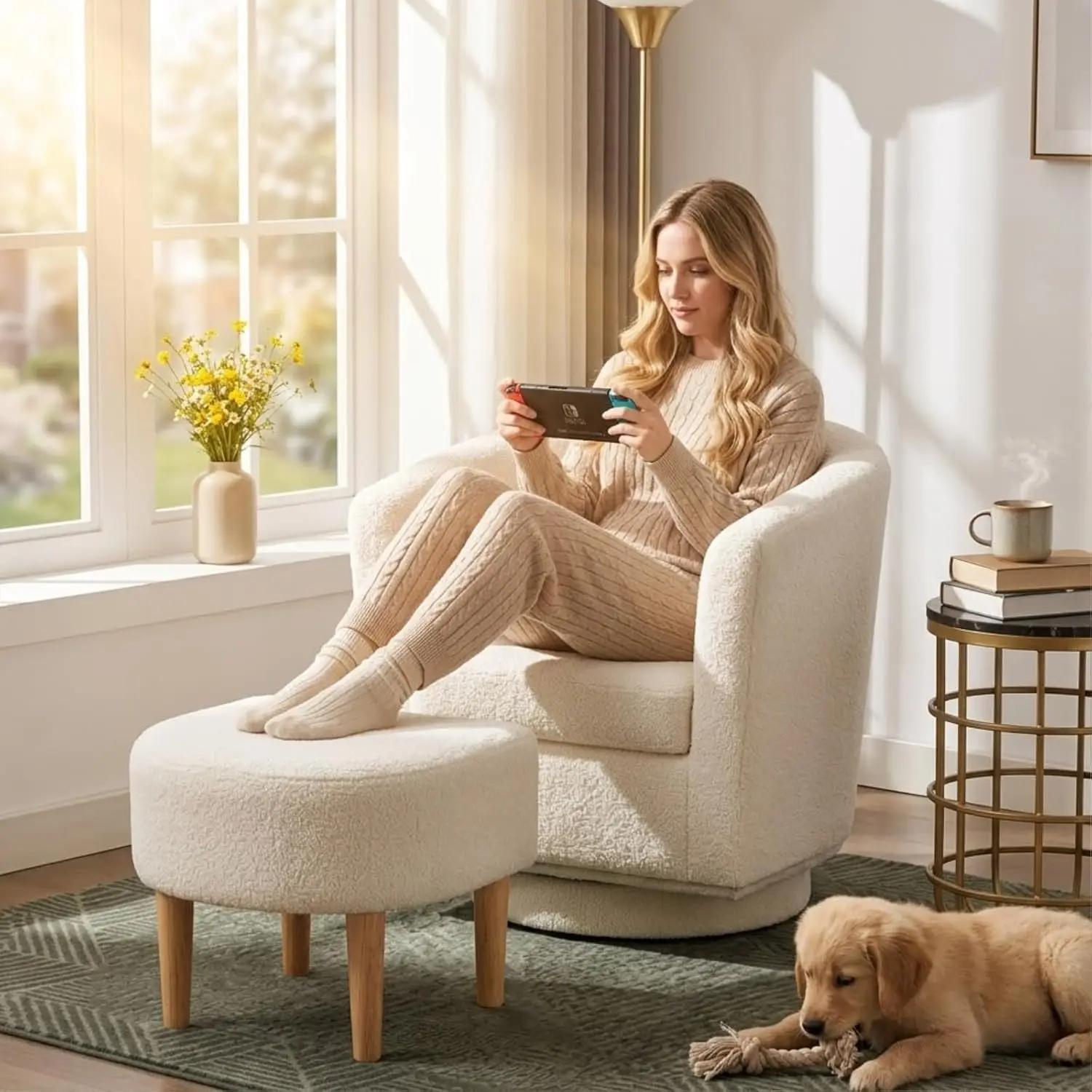 kf-Sd1b974007ba24758a9c9fe55df6502c0r.webp White Swivel Accent Chair with Ottoman, Modern Barrel Living Room Chair with 360° Swivel Base, Upholstered Armchair, Customized - Image 1