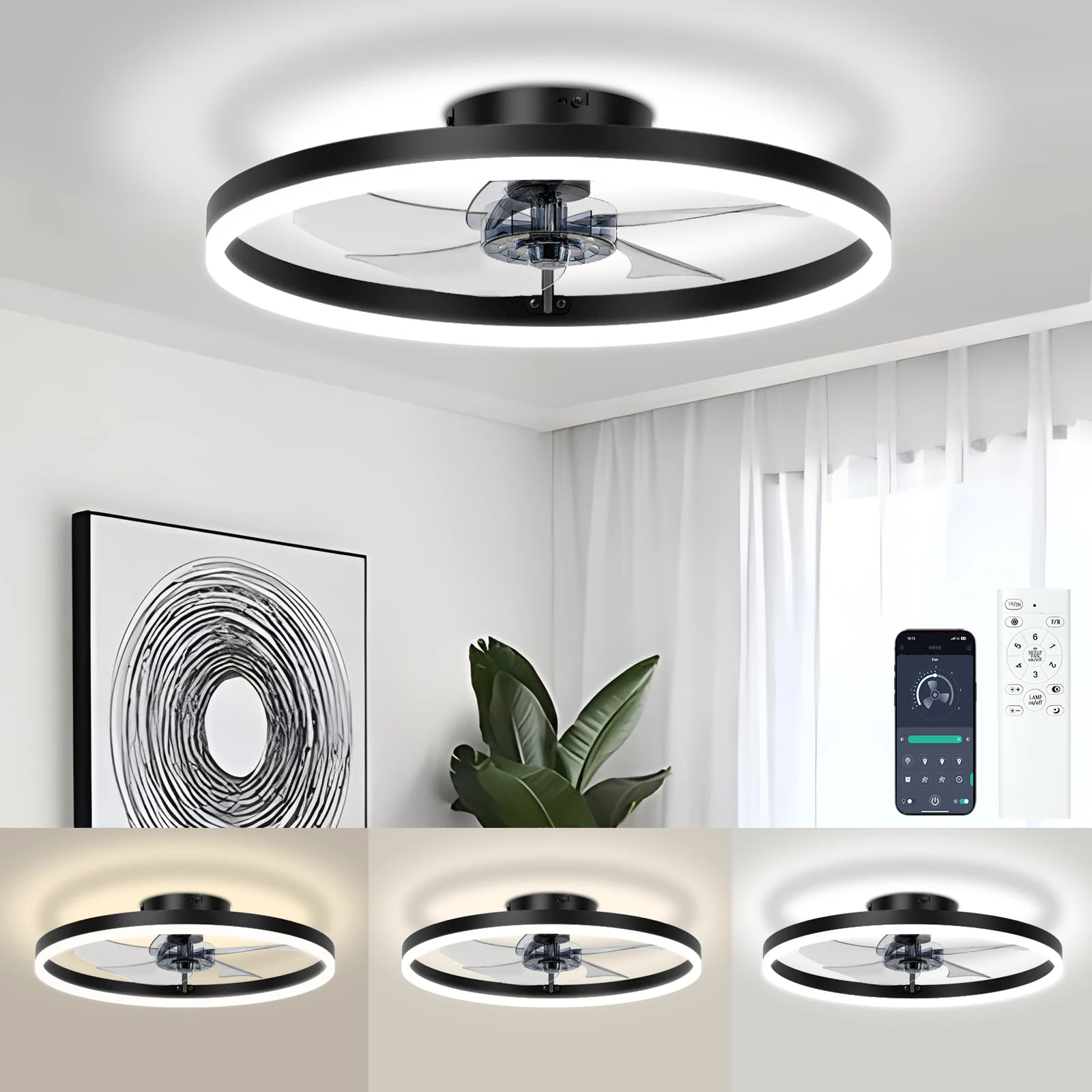 kf-Sd1d864821f4f4dc8b1b5559297de5a480.webp Smart Ceiling Fan with Lights and Remote 6 Speeds Dimmable LED Fan Lamp Flush Mount Ceiling Fan for Bedroom Living Room Kitchen - Image 1